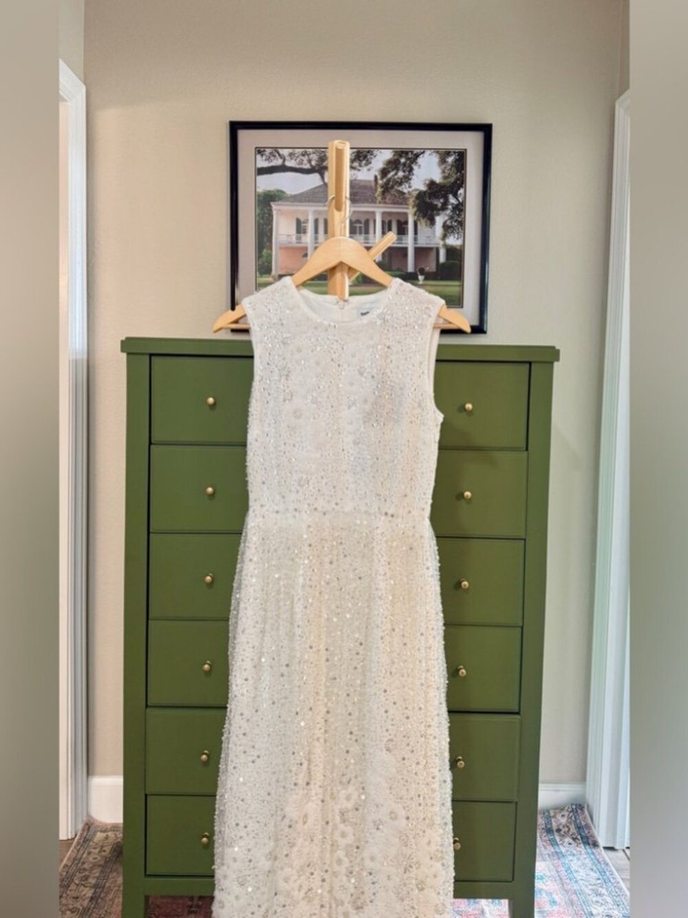 Self-Portrait Tan Grid Sequin Tiered Midi Dress, NEW WITHOUT TAGS, NEVER WORN.